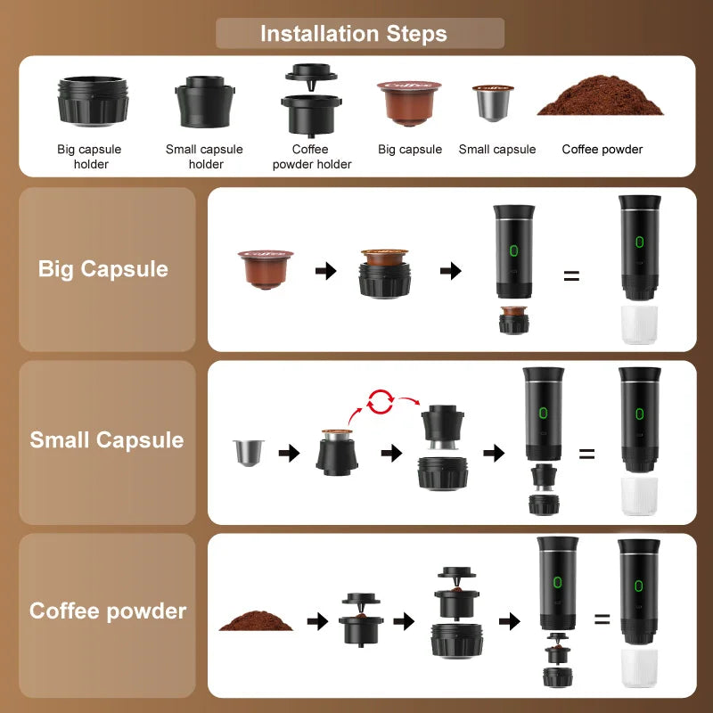 Portable 3-in-1 Espresso Maker for Car, Home, Travel Use
