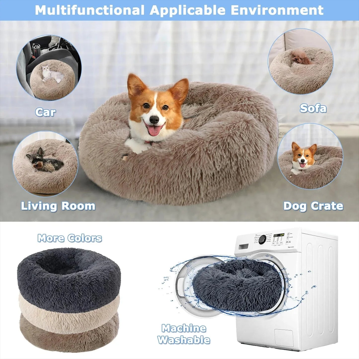 Round Dog Bed Winter Warm Plush Cat Bed Washable Sofa