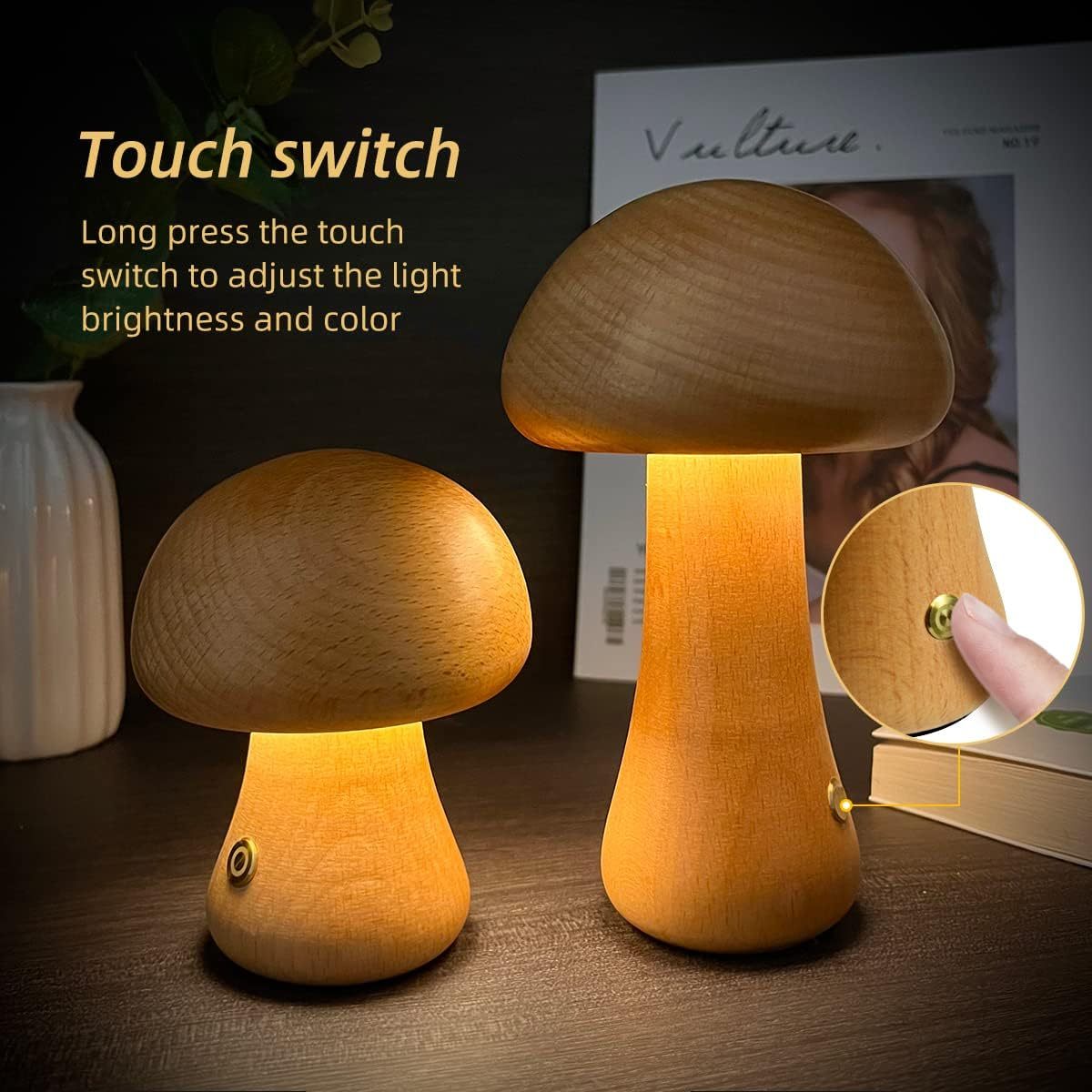 Wooden Mushroom Bedside LED Night Lamp for Cosy Home Décor